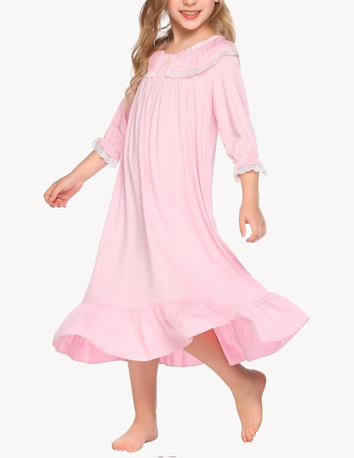 Girl’s blush pink nightgown dress with lace neckline and flared ruffle hem