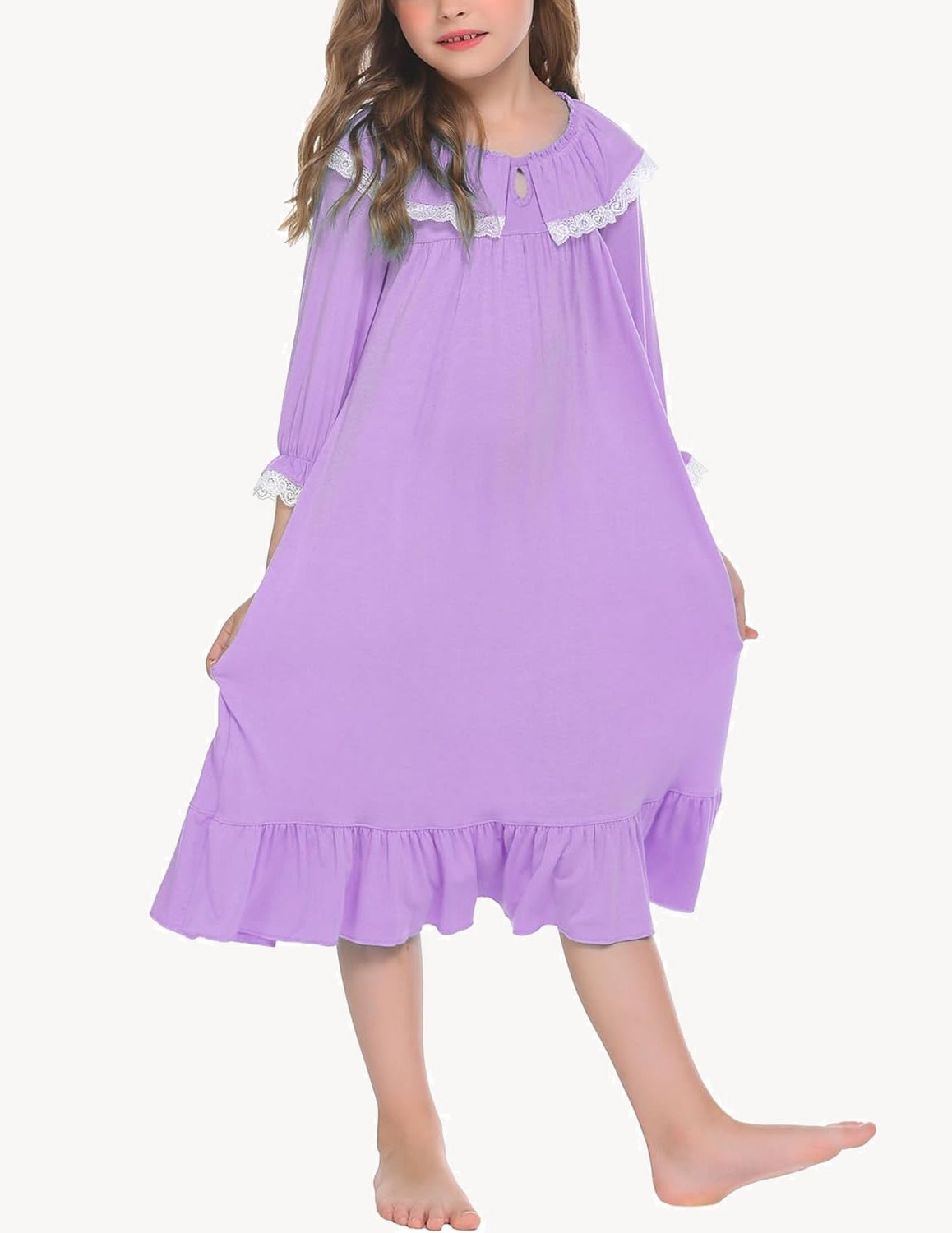 Girl’s purple nightgown dress with lace collar and gathered ruffle hem