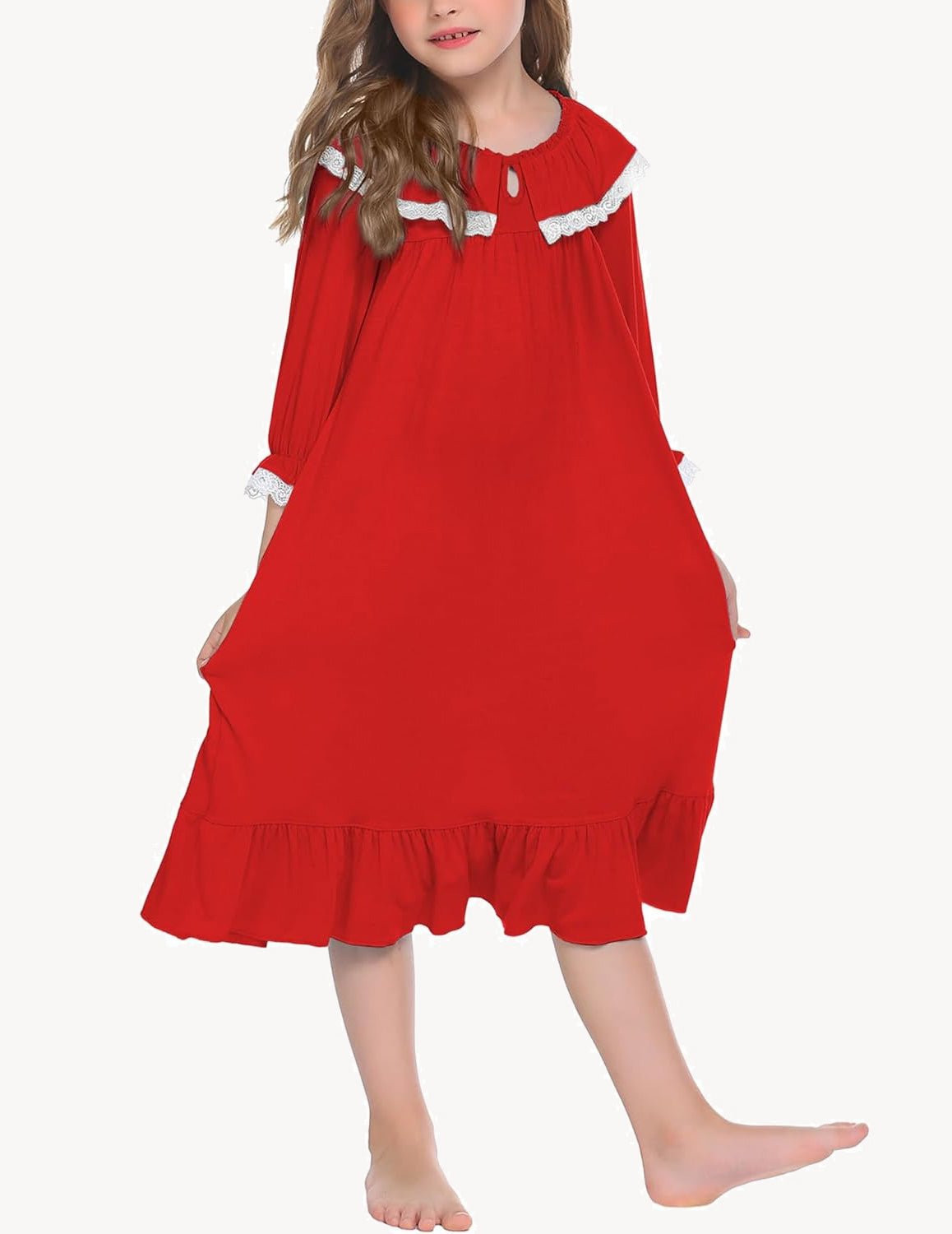 Girl's princess nightgown dress in red, lace-trim collar and gathered ruffle hem