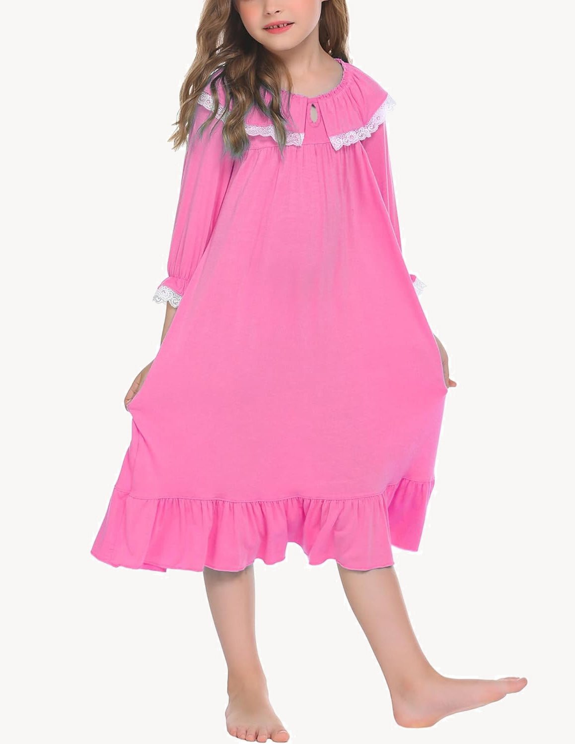 Girl’s hot pink nightgown dress with lace-trim collar and tiered ruffle hem
