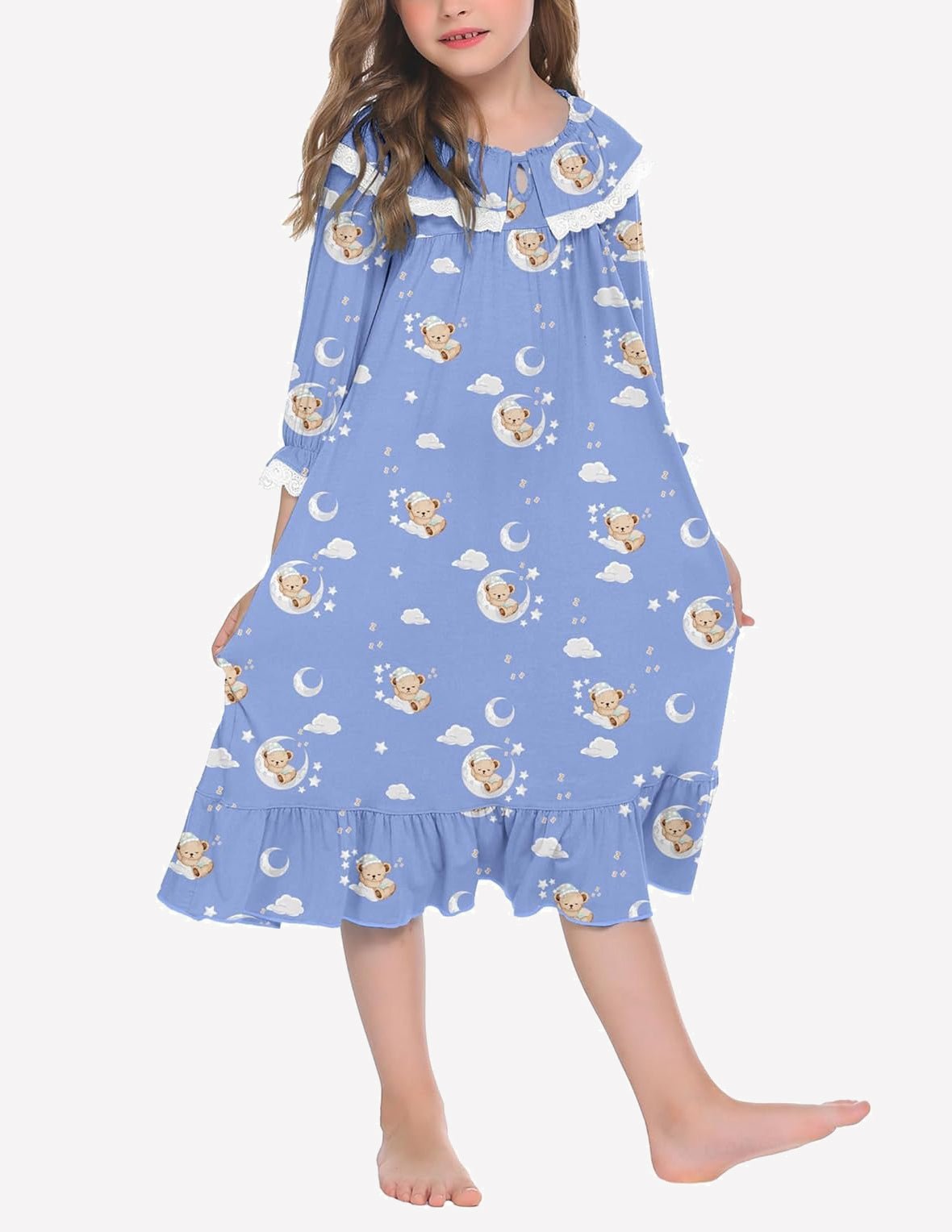 Girl’s blue nightgown dress with teddy bear and stars print plus lace-trim neckline