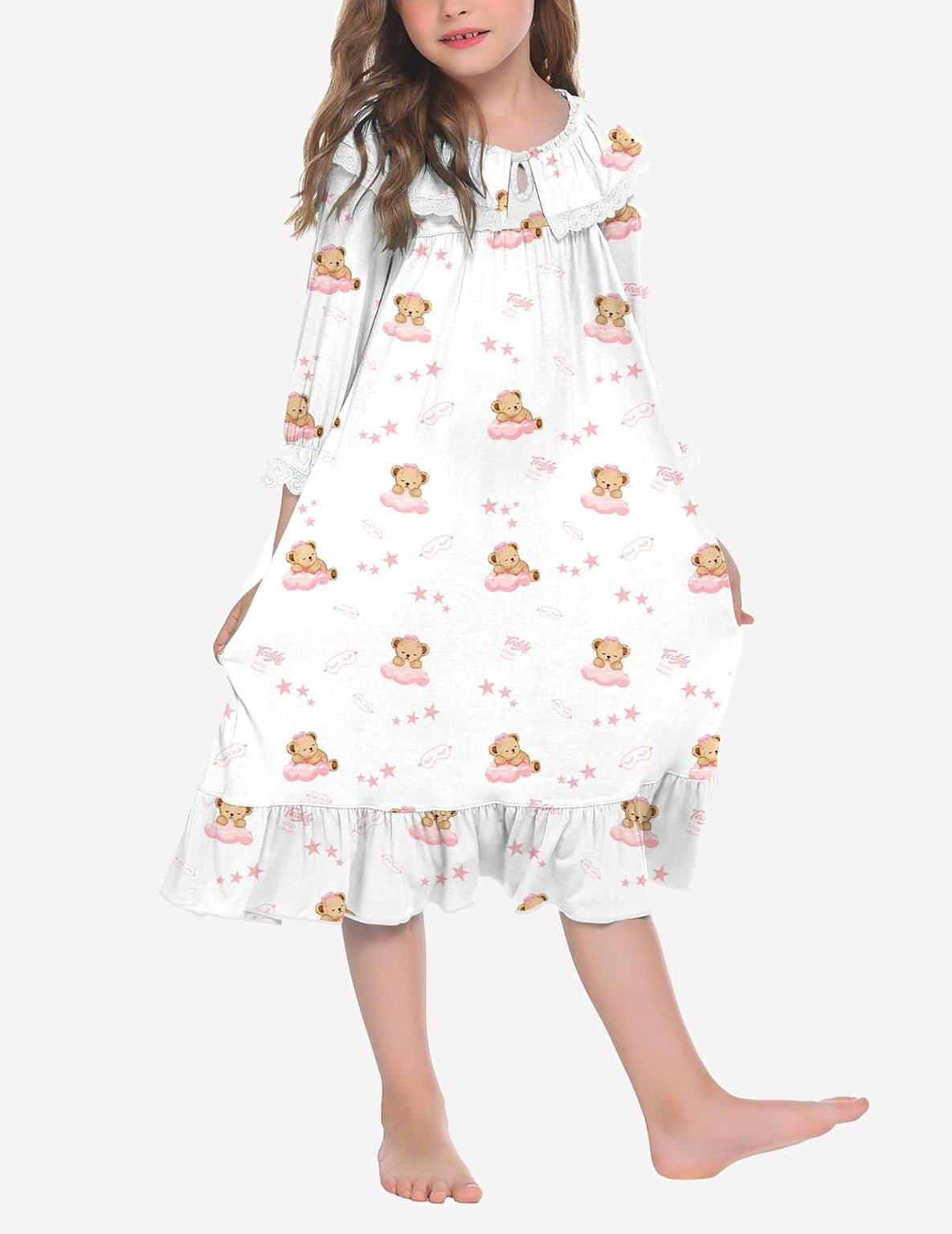 Girl’s white nightgown dress with teddy bear faces and star print
