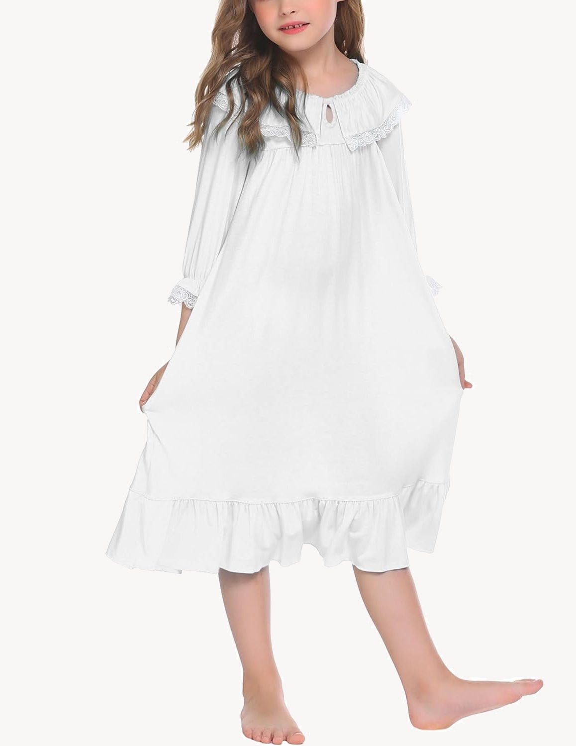 Girl's princess nightgown dress, white with lace collar and ruffled hem