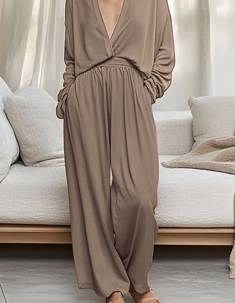 Taupe 2-piece outfit showing long-sleeve V-neck top and elastic-waist wide-leg pants
