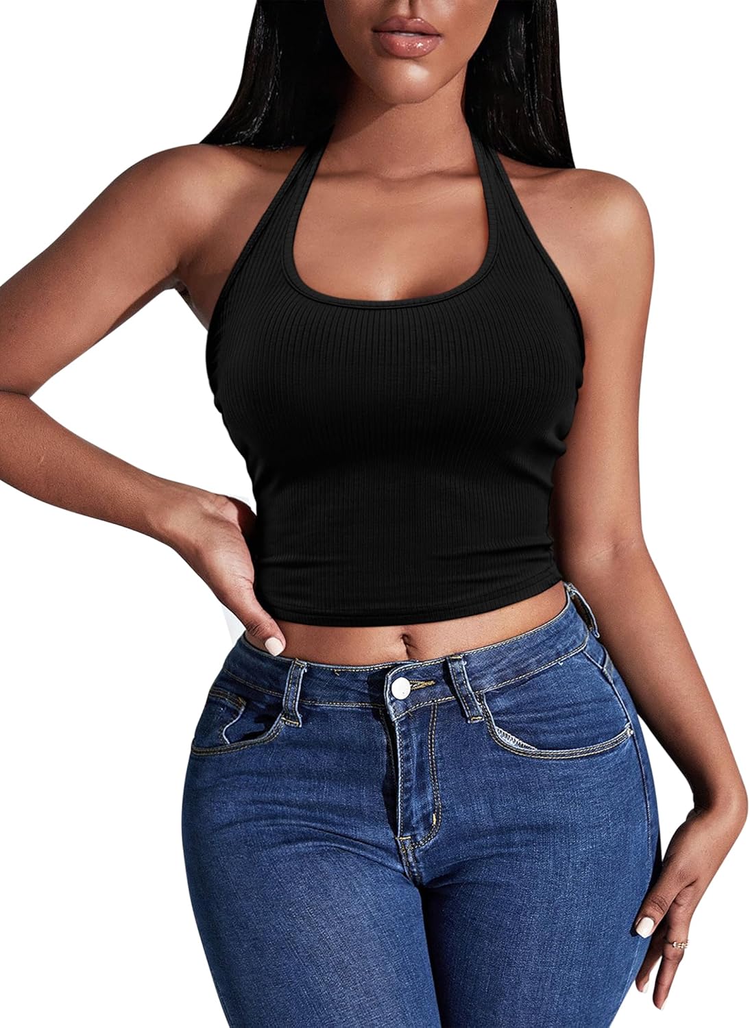 Halter crop top ribbed knit, backless style, black stretchy tank top