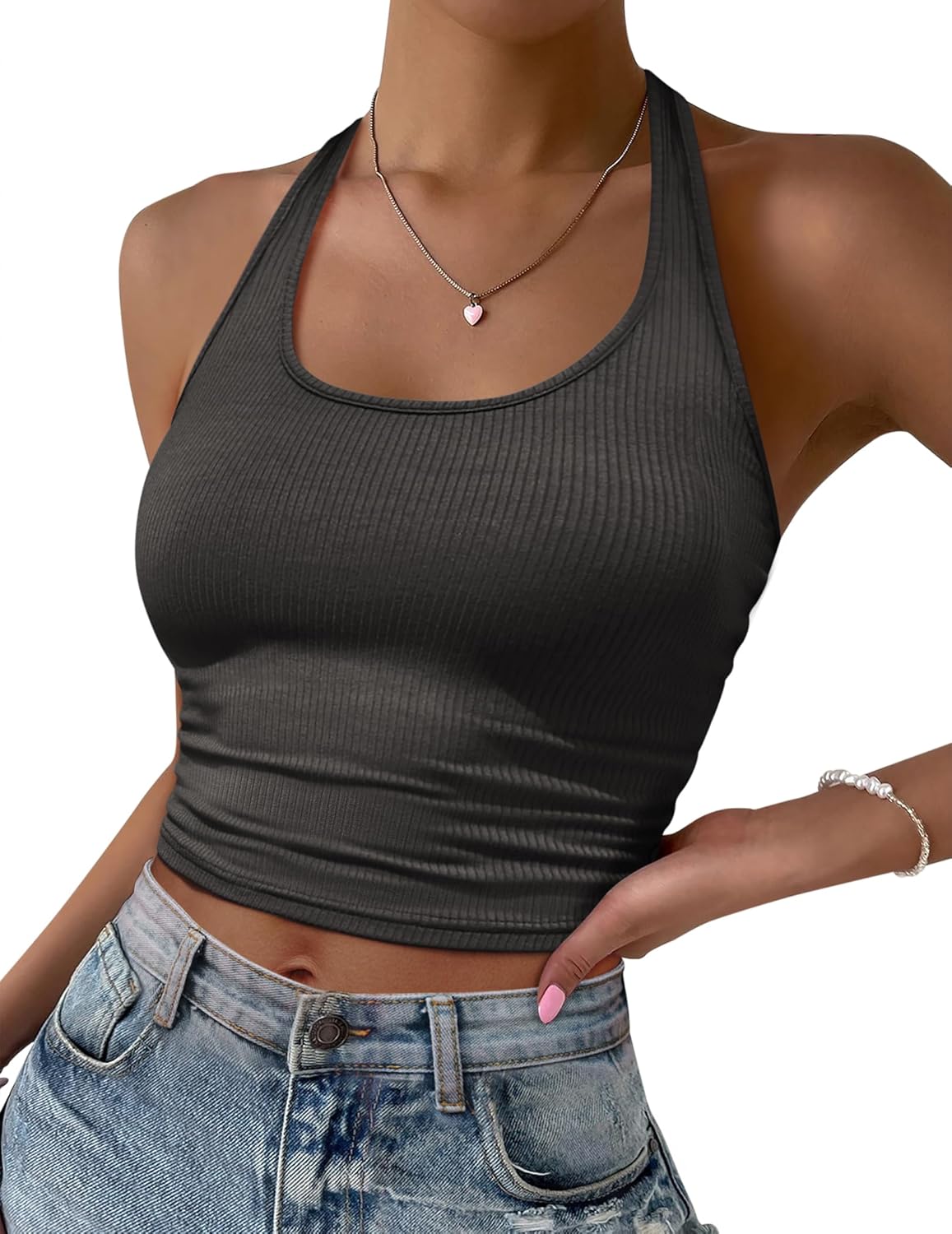 Halter crop top ribbed knit, backless look, dark gray stretch camisole