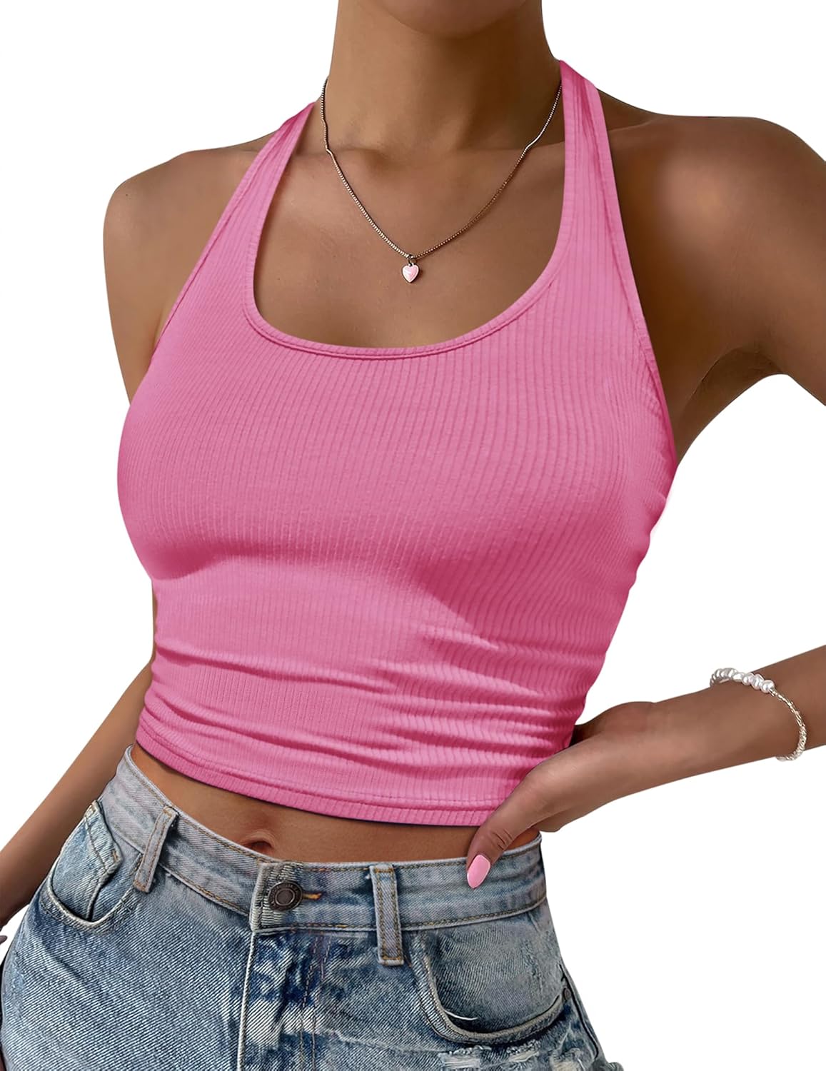 Halter crop top ribbed knit, backless look, hot pink stretchy tank top
