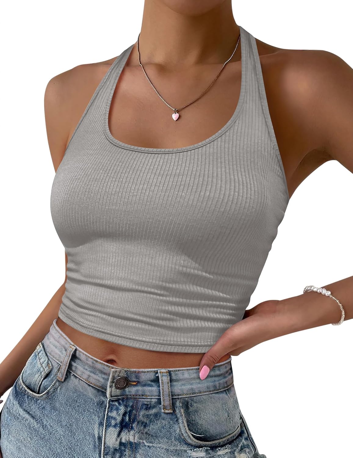 Grau geripptes Halter-Crop-Top, ärmellos mit Rundhalsausschnitt