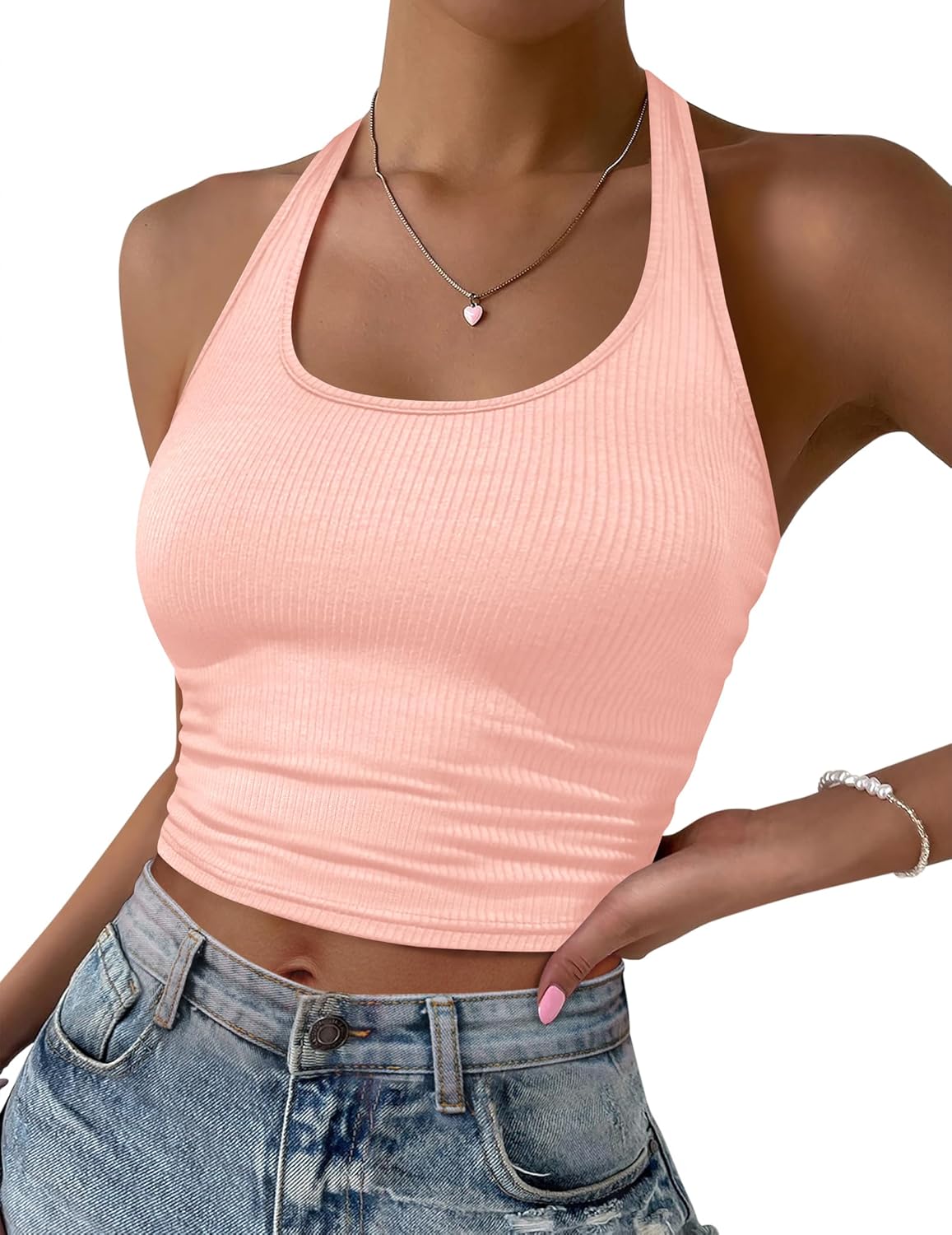 Light pink ribbed knit halter crop top, backless, scoop neck