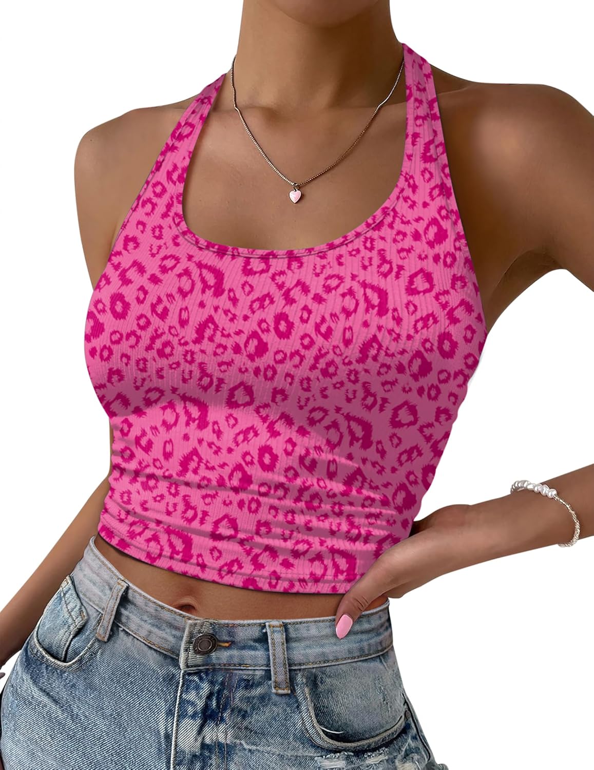 Hot pink ribbed knit halter crop top, backless, scoop neck
