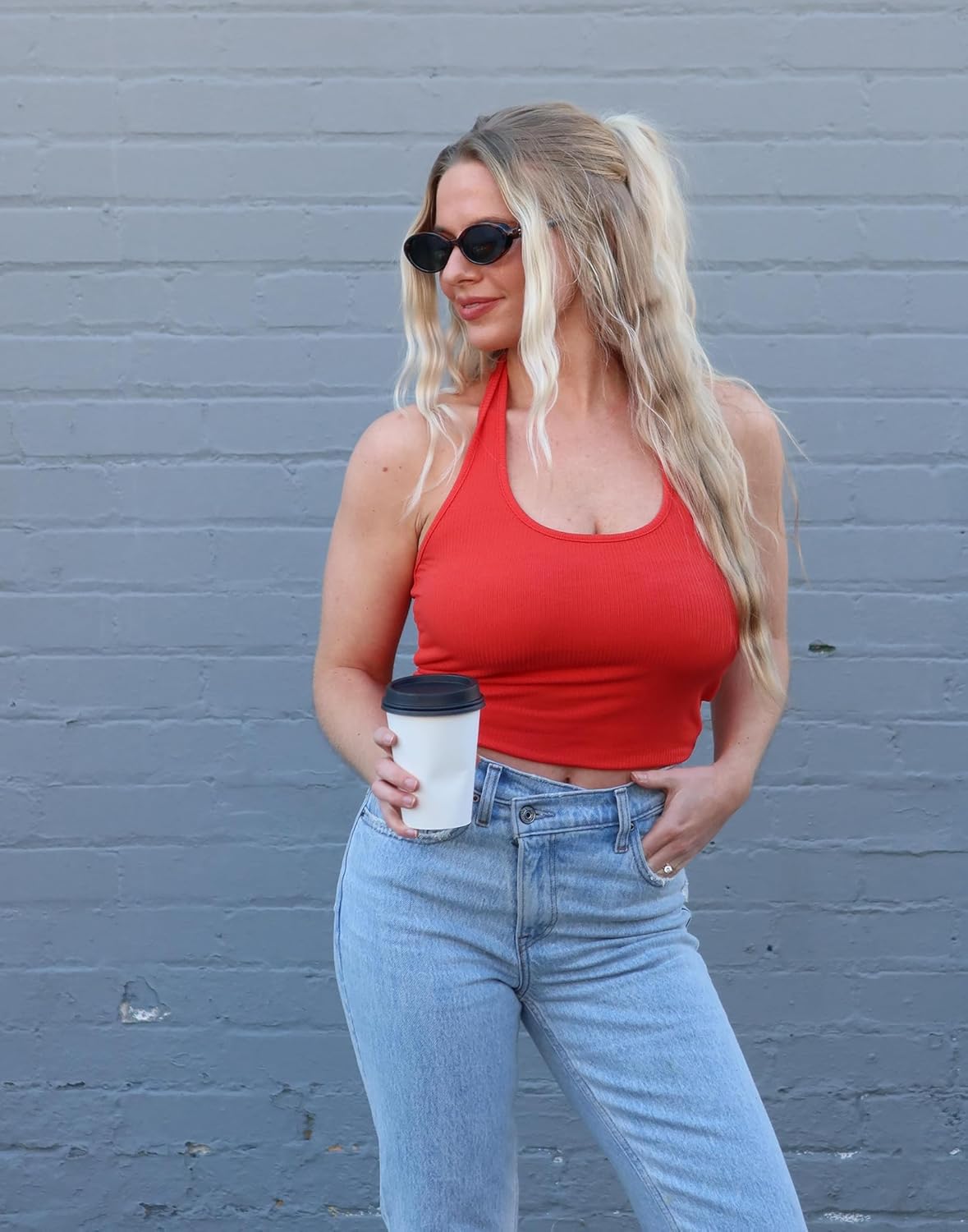 Red ribbed knit halter crop top, backless, scoop neck