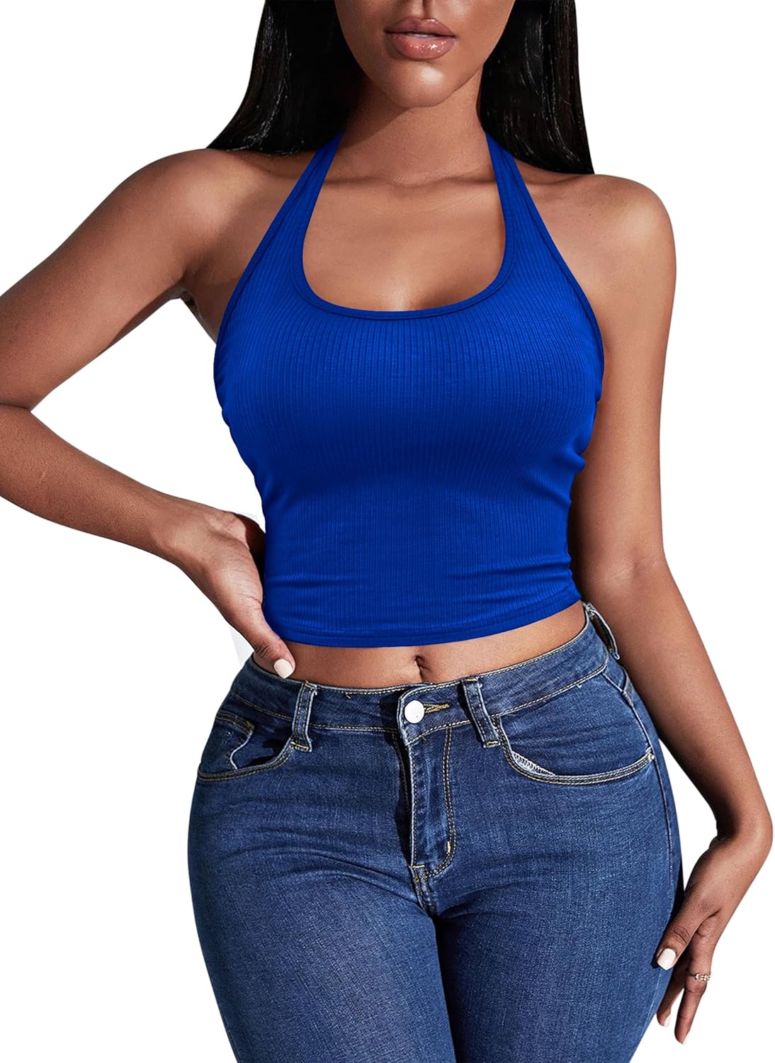 Halter crop top ribbed knit, backless style, bright blue stretchy camisole