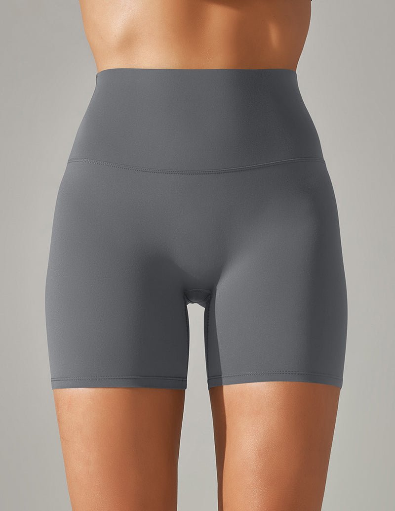 Dark gray high-waist stretch yoga shorts with smooth waistband