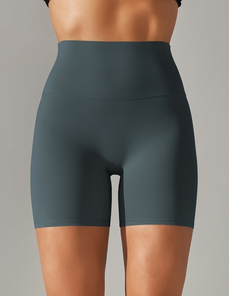 High waist stretch yoga shorts, gray blue, fitted with wide waistband and seam.