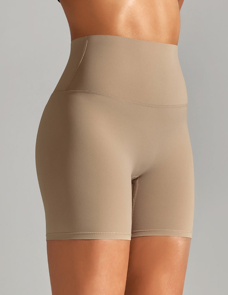 Taupe high-waist stretch yoga shorts with smooth front panel
