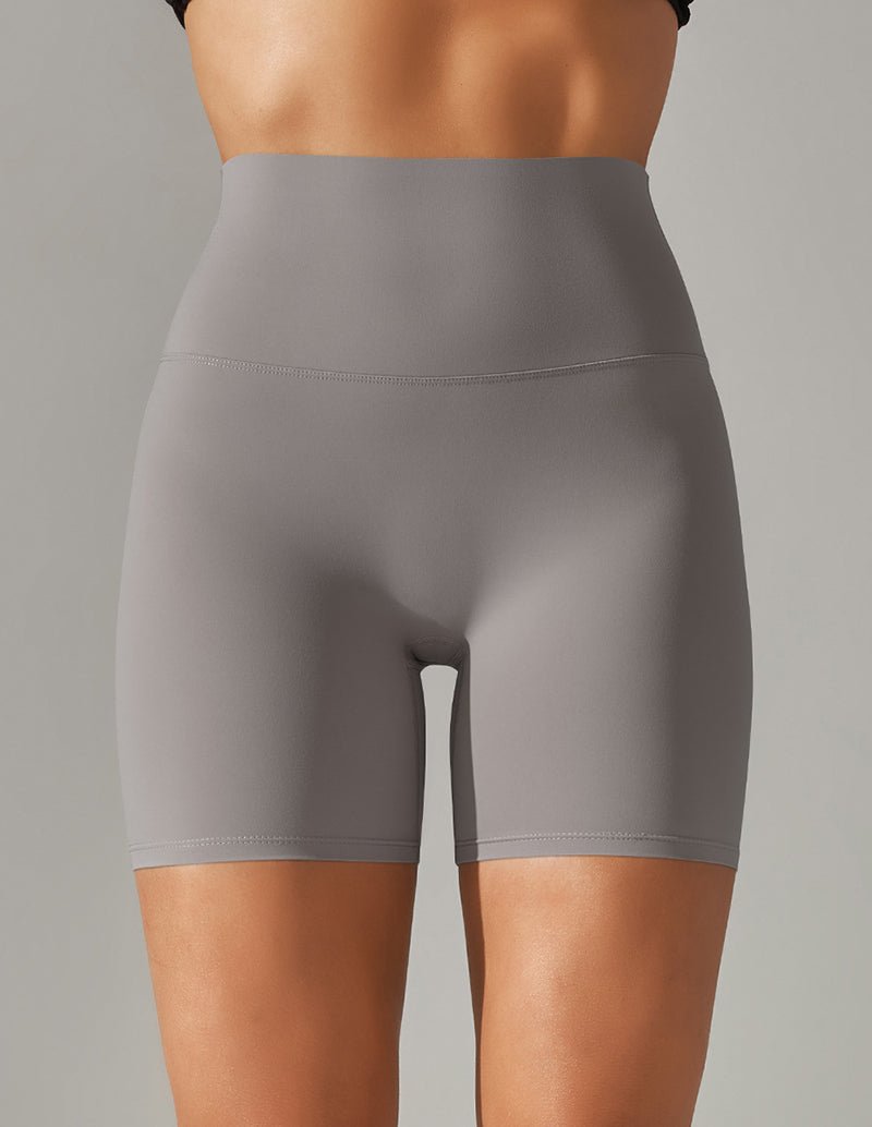 High-waisted yoga shorts, medium gray stretch fabric