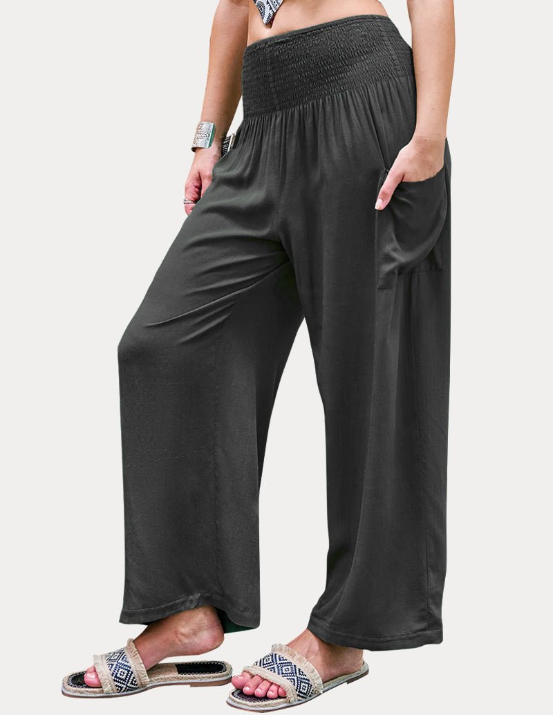 Black high-waisted wide-leg lounge pants with smocked waistband and side pockets