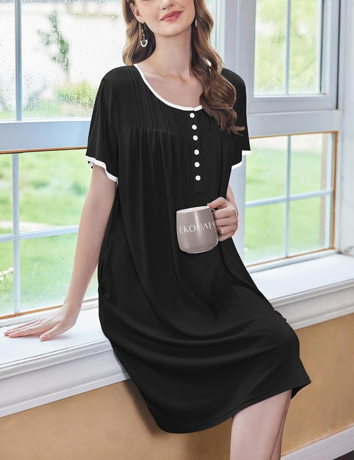 Black nightgown dress with white-trim neckline and front buttons, relaxed fit