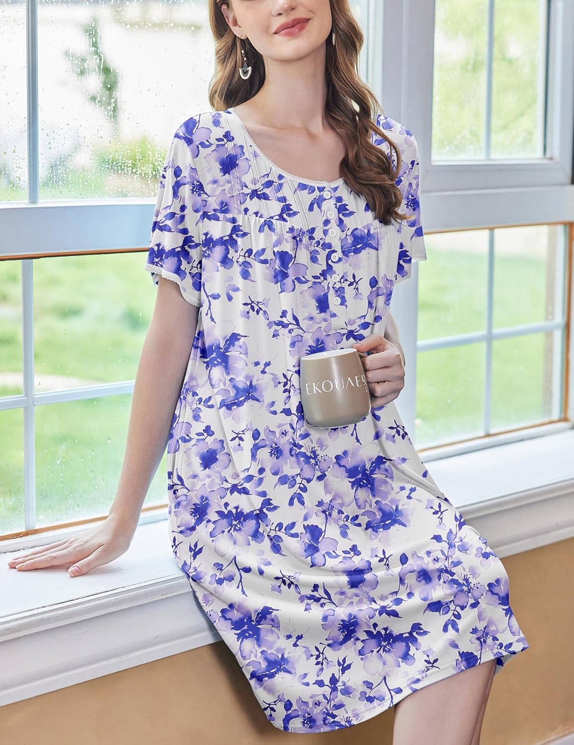Purple floral muumuu nightgown with white buttons and relaxed A-line silhouette