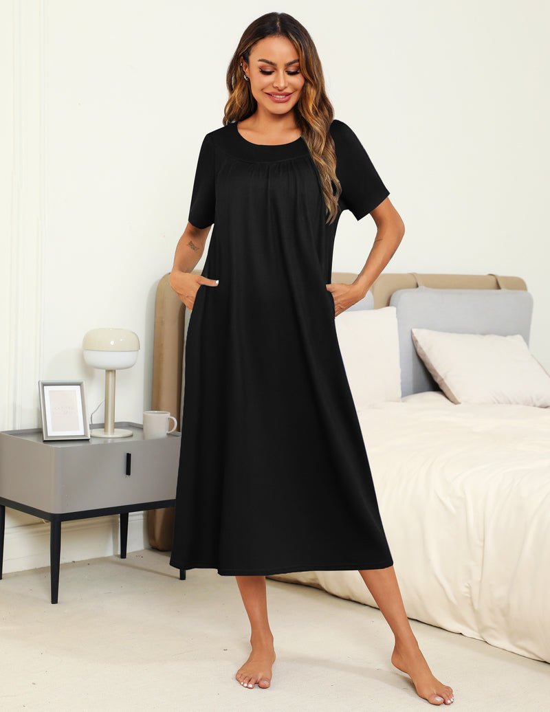 Black pleated-front house dress nightgown with short sleeves