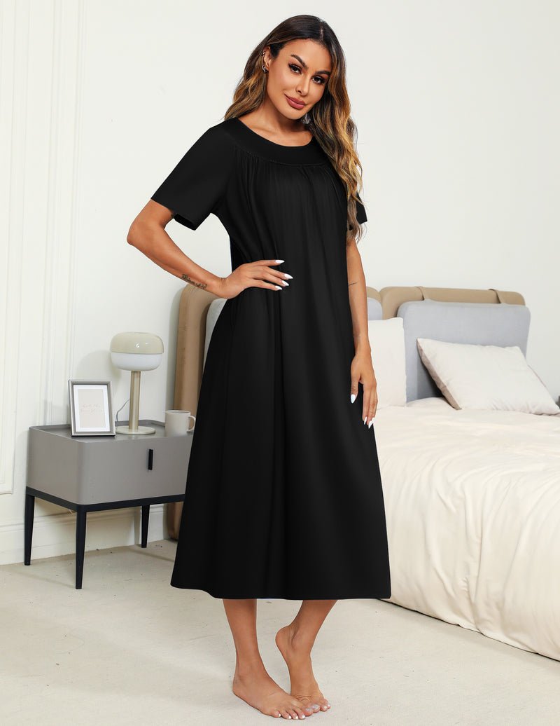 Black pleated-front moo moos nightgown, gathered yoke and short sleeves