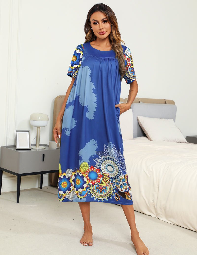 Pleated-front house dress nightgown, royal blue with paisley border print