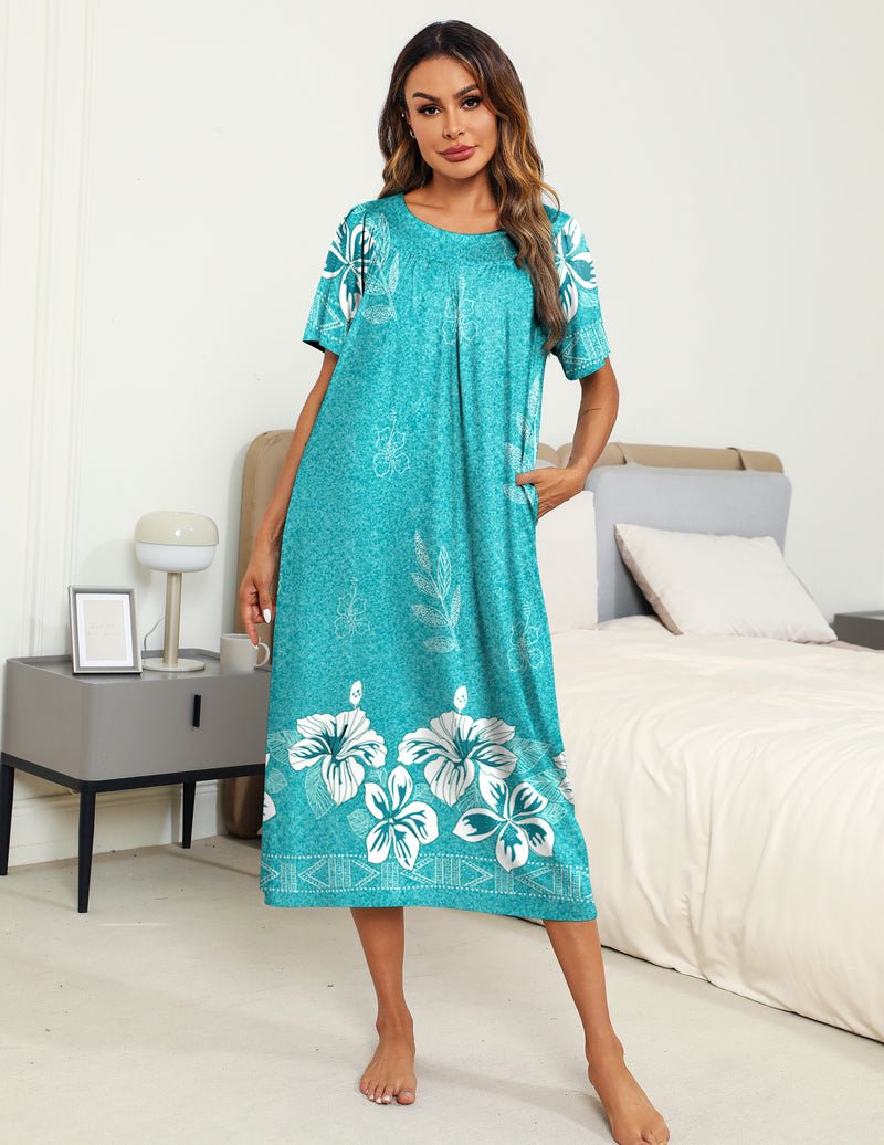 Teal floral print nightgown with short sleeves and pleated front