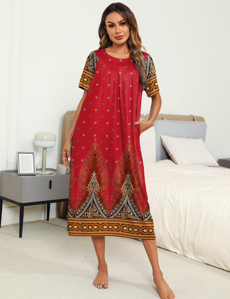 Wine red paisley border nightgown with short sleeves and pleated front