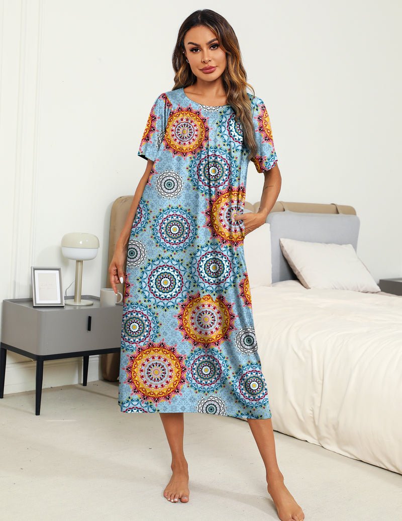 Pleated-front house dress nightgown in light blue with multicolor circular medallions