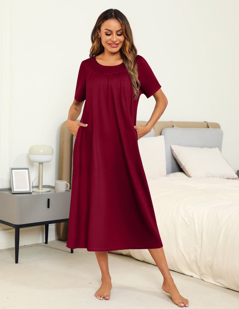 Pleated-front house dress nightgown in wine red, short-sleeve midi length