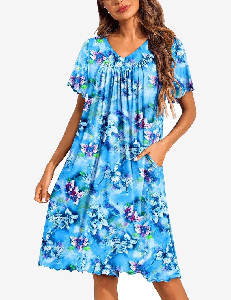 Blue floral V-neck moo moo nightgown with side pockets and short flutter sleeves