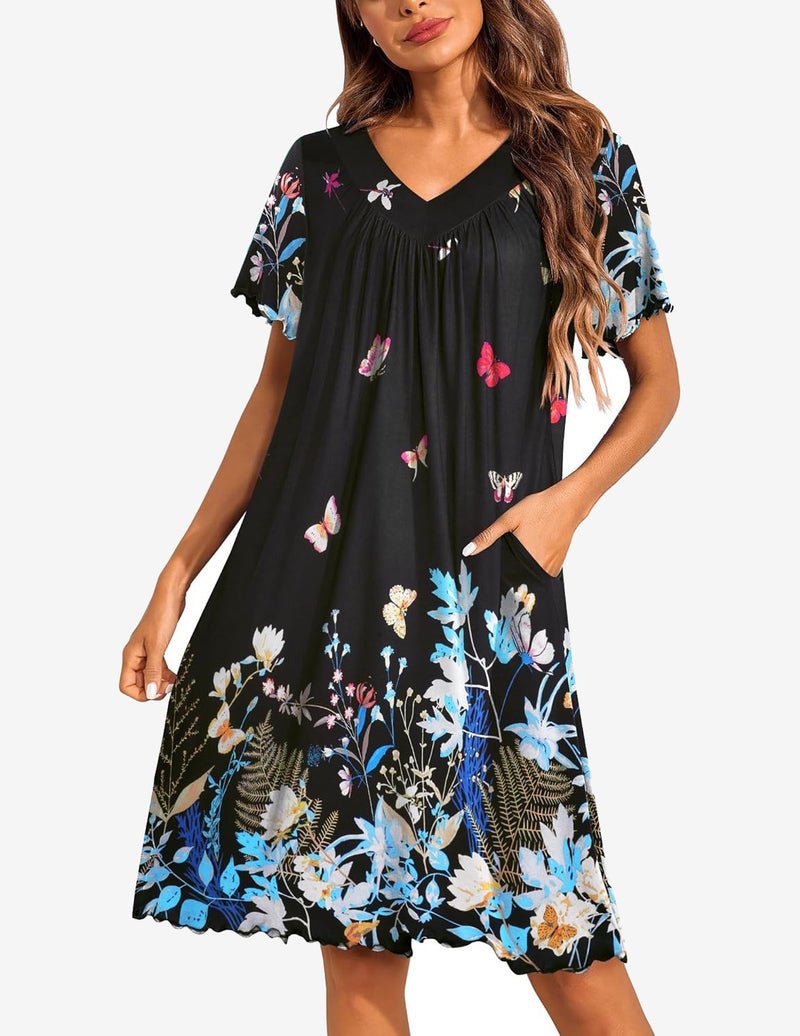 Black butterfly floral V-neck moo moo nightgown with side pockets and flutter sleeves