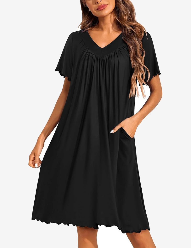 Black V-neck moo moo nightgown with side pockets and gathered neckline