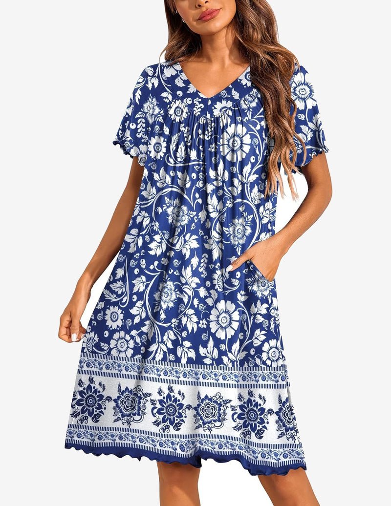 moo moo dress nightgown Ekouaer Nightgowns for Women Short Sleeve House Dress with Pockets Pleated Soft Moomoo V Neck Sleepwear Blue Bohemian Flowers XL
