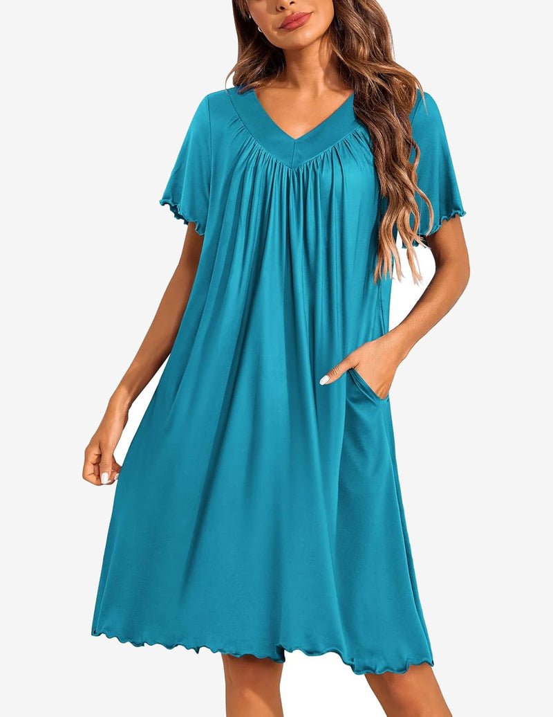 Teal V-neck moo moo nightgown with side pockets and short flutter sleeves
