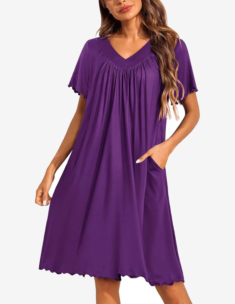 moo moo dress nightgown Ekouaer Nightgowns for Women Short Sleeve House Dress with Pockets Pleated Soft Moomoo V Neck Sleepwear Dark Purple M