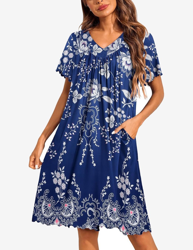 Evening blue floral V-neck moo moo nightgown with side pockets and flutter sleeves