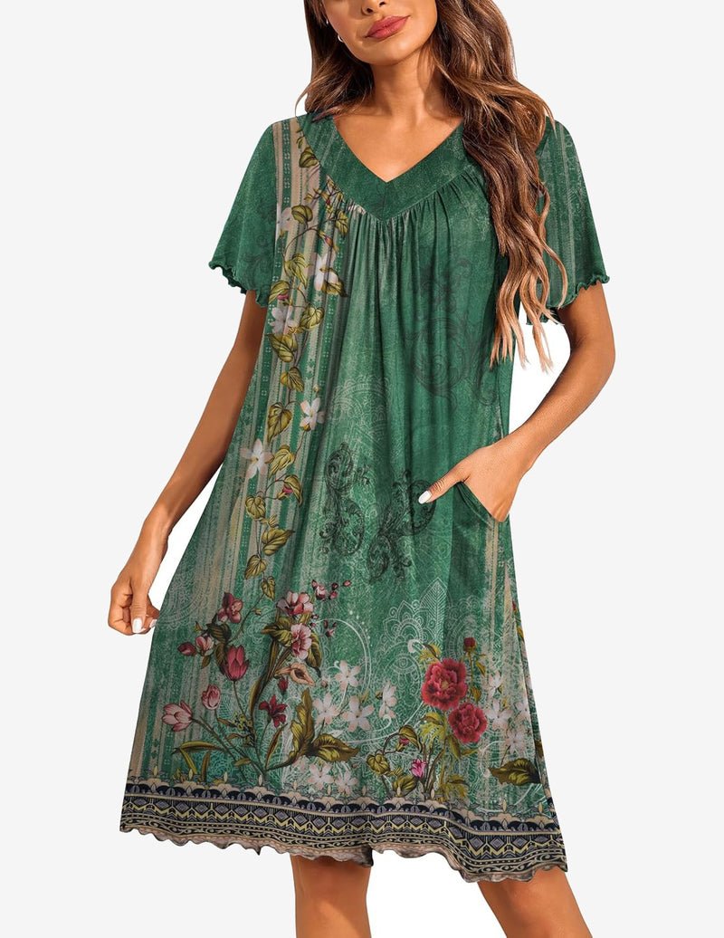 moo moo dress nightgown Ekouaer Women's House Dress with Pockets Moo Moo Nightgown V Neck Sleepwear Pleated Floral Print Mumu Dress Green Ethnic Flower / L