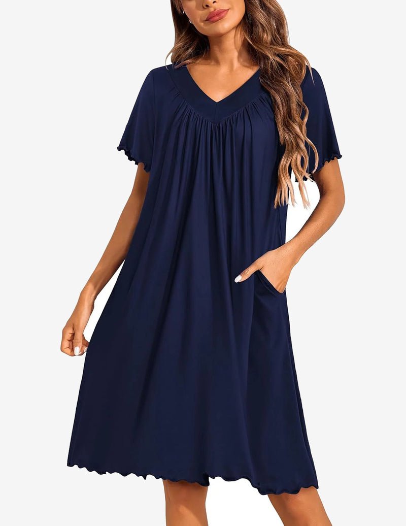Navy blue V-neck moo moo nightgown with side pockets and gathered bodice