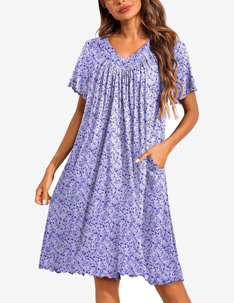 Purple speckle V-neck moo moo nightgown with side pockets and gathered bodice