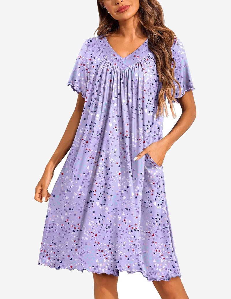 Lavender star print house dress with V-neck and gathered bodice, short flutter sleeves