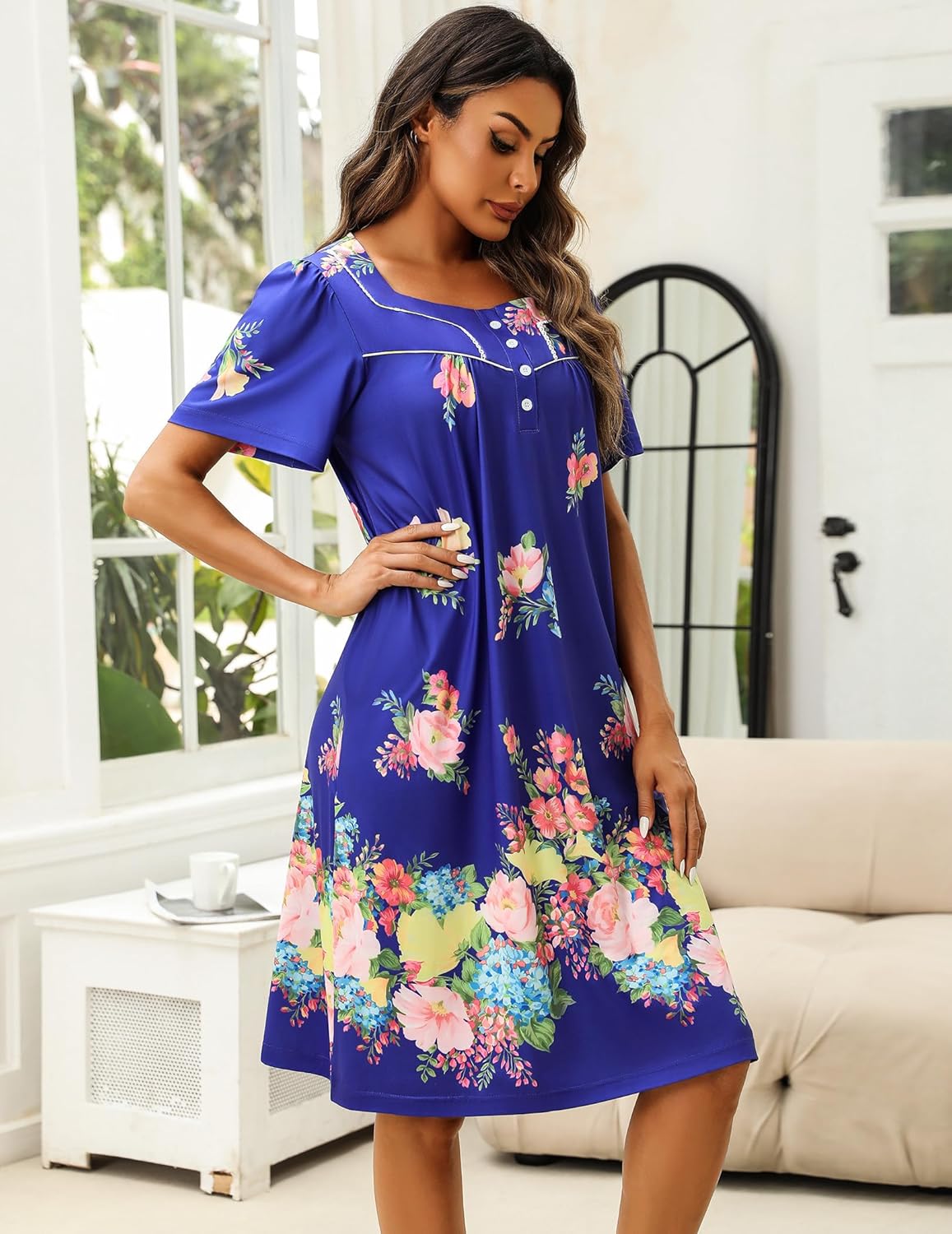 Blue floral house dress with button-front placket, short sleeves, knee-length