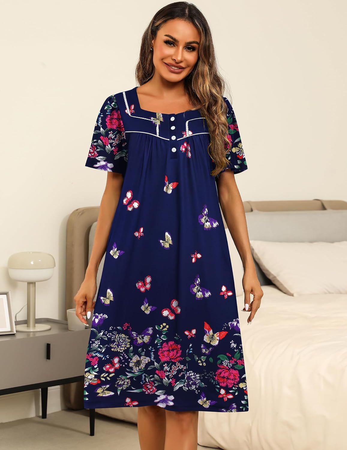 House dress navy blue with colorful butterflies and flowers, button-front bodice
