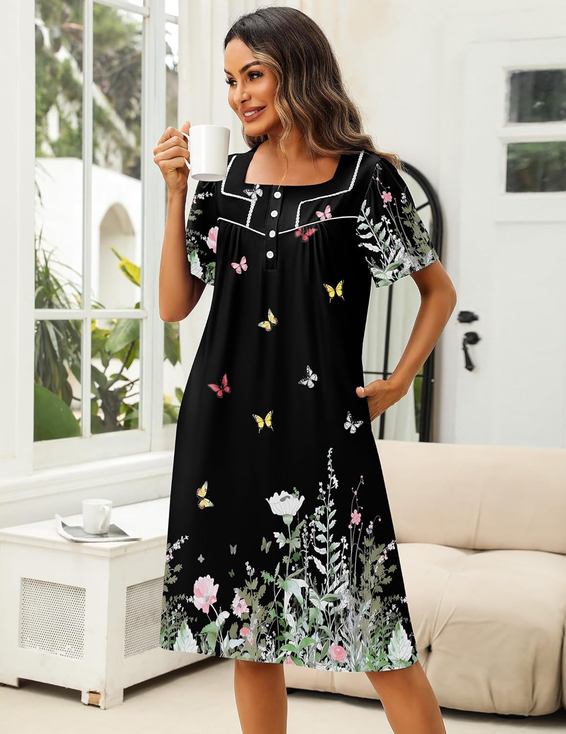 House dress black with floral butterfly print, contrast trim, and button-front top