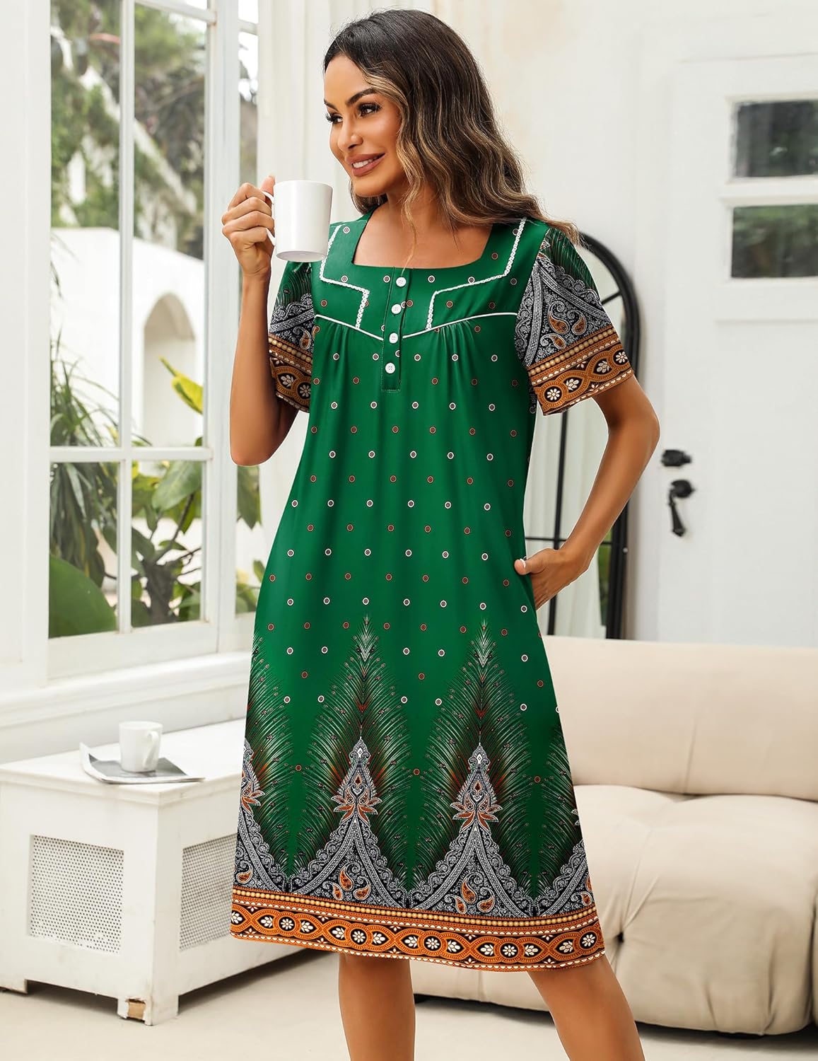 Green boho house dress with button placket, short sleeves, leaf and floral border hem