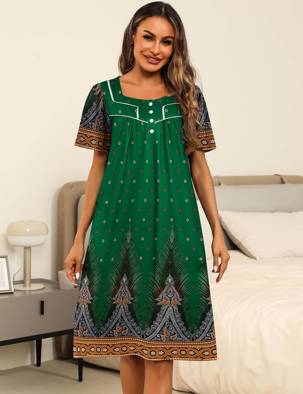 Green boho house dress with square neckline, button front, short sleeves, border print