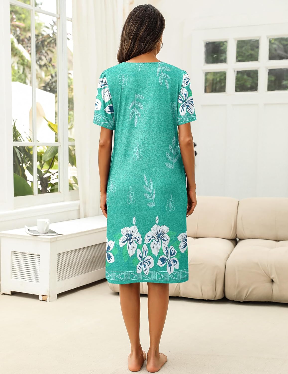 House Dress: türkisgrünes Blütenmuster, Knopfleiste, kurze Ärmel, knielang