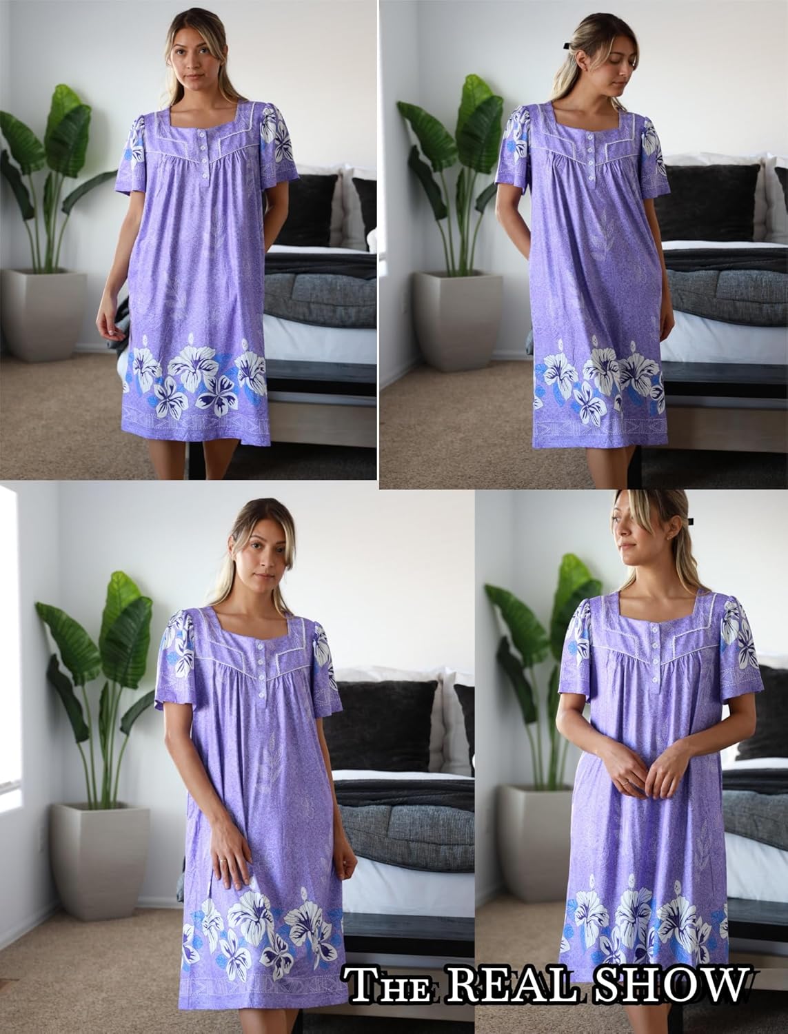 Purple floral house dress shown from multiple angles, square neckline and button front
