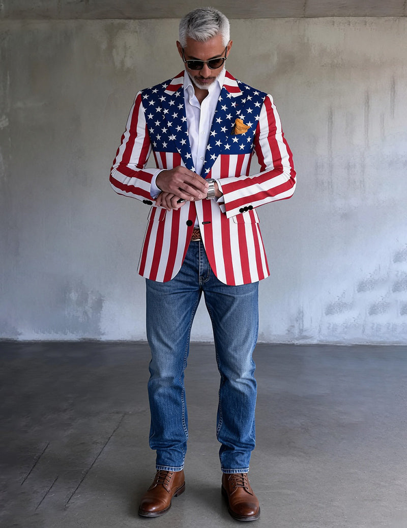 Men's slim-fit American flag blazer, front button closure with red-and-white striped panels.