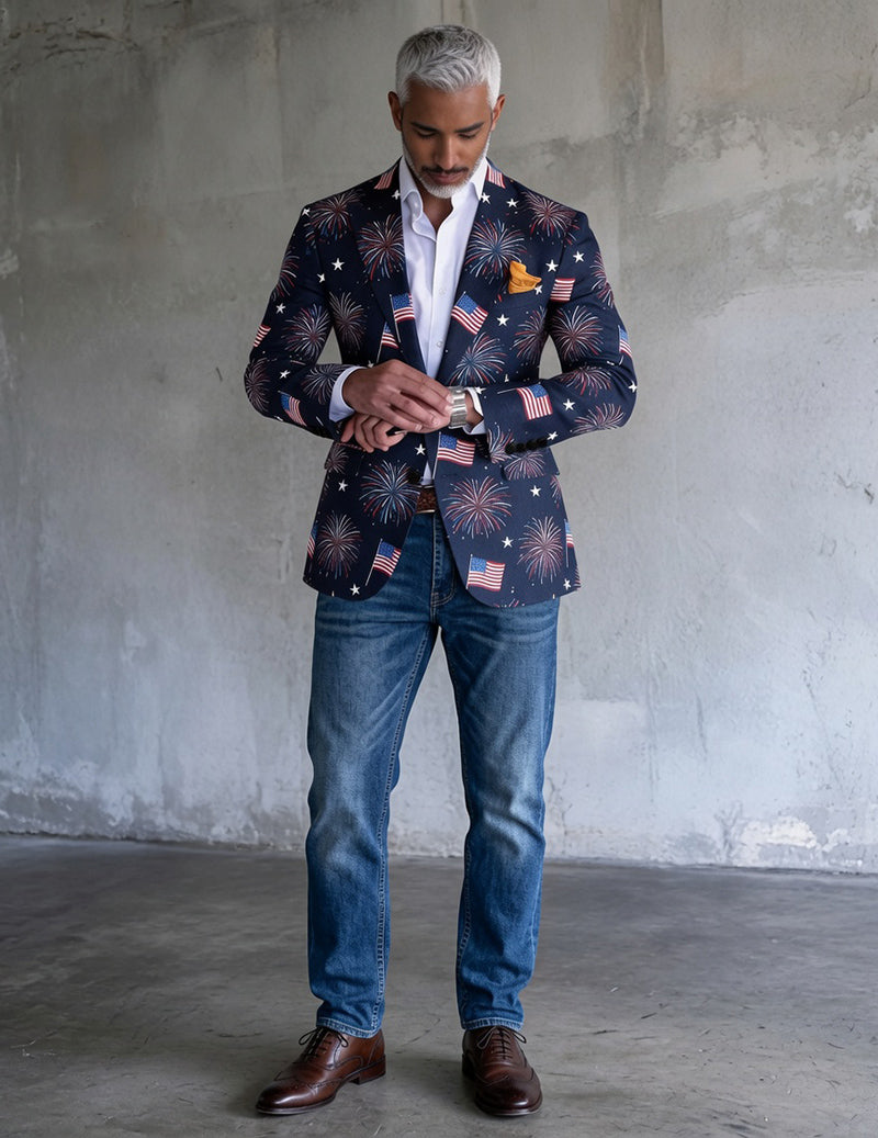 Men's Patriotic Fireworks American Flag Print Blazer – Slim Fit Party Jacket